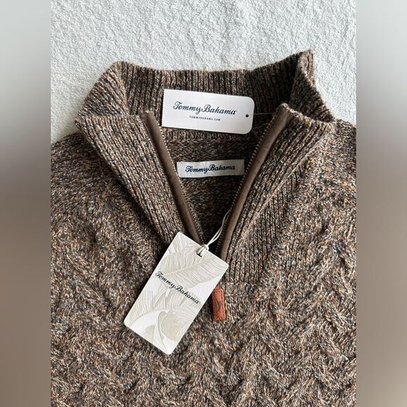 New Tommy Bahama Half‎ Zip Sweater Cable Knit Pullover Irazu Brown Men’s Medium - Picture 3 of 11